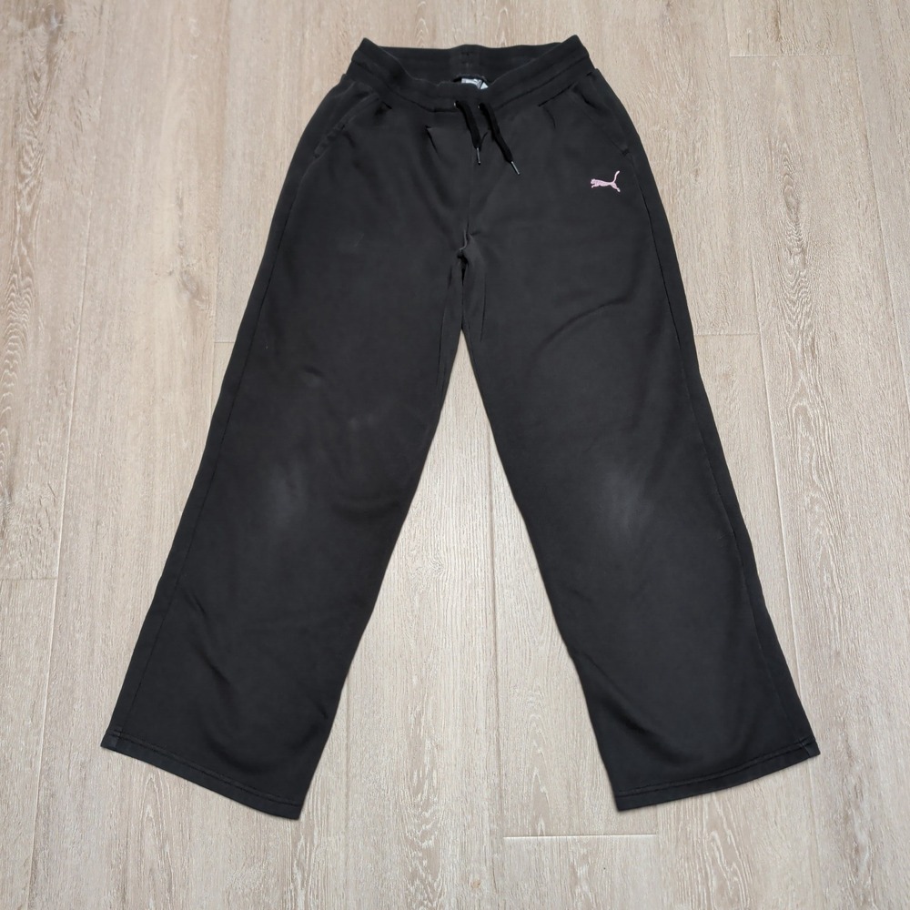 Puma Sweatpants Women‎ M Black Straight Wide Leg Fleece Lined Pink Logo 28x29